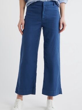 Frank & Eileen Dark Blue Wexford Wide-Leg Linen Trousers, Size 10